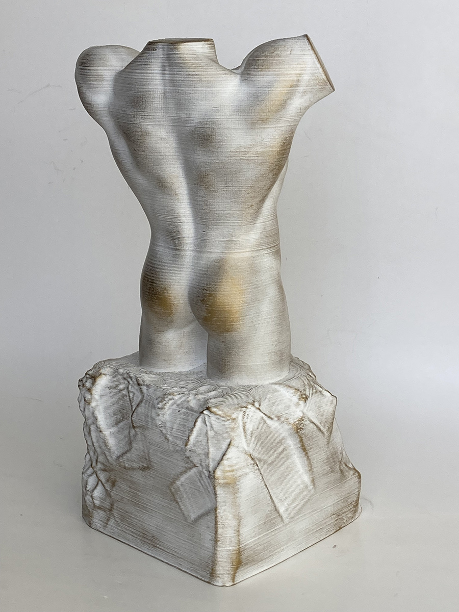 male torso sculpture white antique finish 3d printed back view on textured base